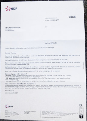 icone de la lettre de menace ill&eacute;gale de EDF envoy&eacute;e de si&egrave;ge parisien 5 jours avant qu'EDF va perp&eacute;trer