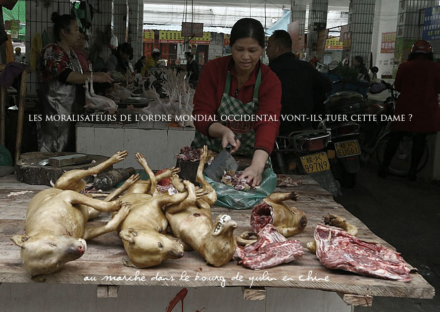 bouchère canine en Chine attaquée par le photographe des Moralisateurs de l'Ordres Mondial Occidental = MOMO